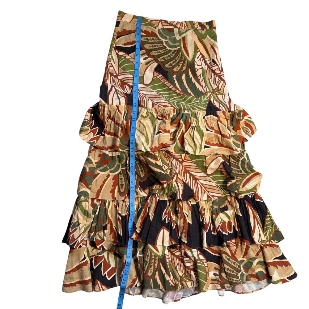 Zara Tropical Print Tiered Linen Blend Maxi Skirt Green Tan Small 7913/053 - Picture 4 of 9